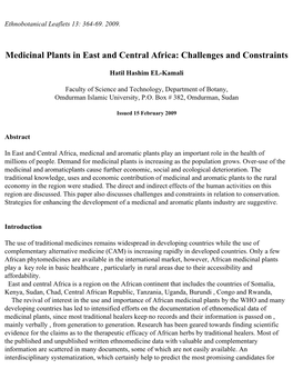 Medicinal Plants in East and Central Africa: Challenges and Constraints