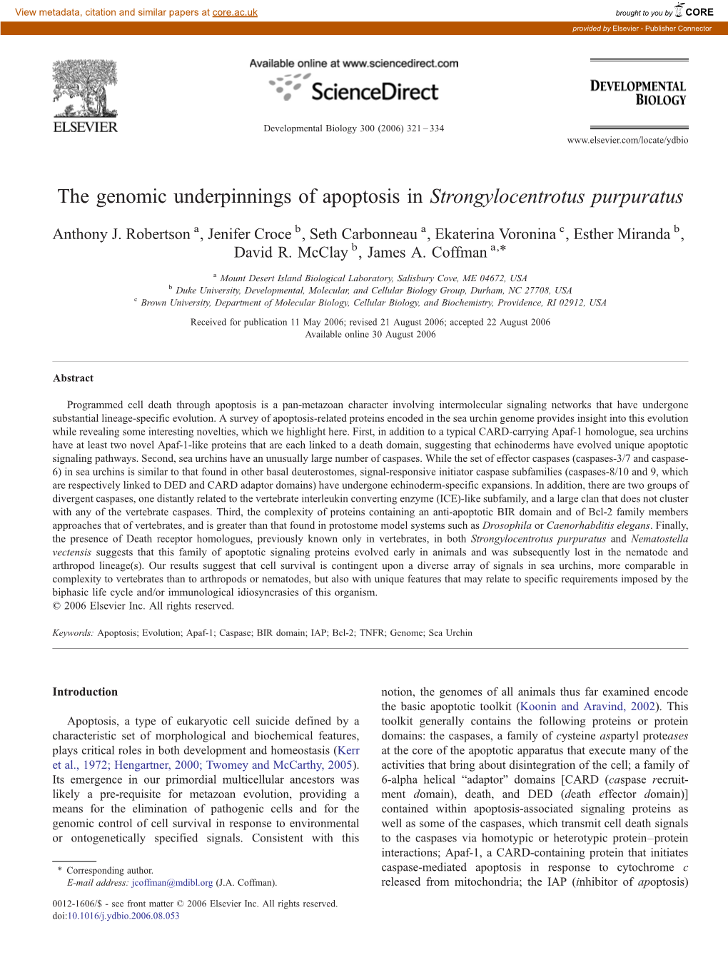 The Genomic Underpinnings of Apoptosis in Strongylocentrotus Purpuratus