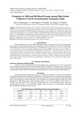 Frequency of ABO and Rh Blood Groups Among High School Children of Alwal, Secunderabad, Telangana, India