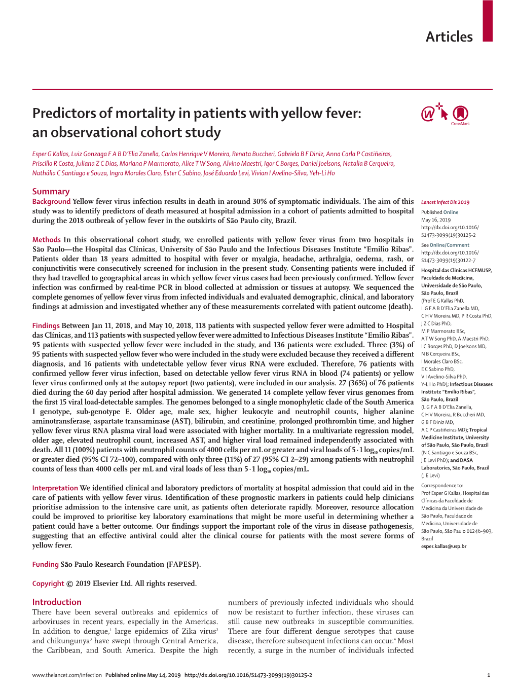 Articles Predictors of Mortality in Patients with Yellow Fever