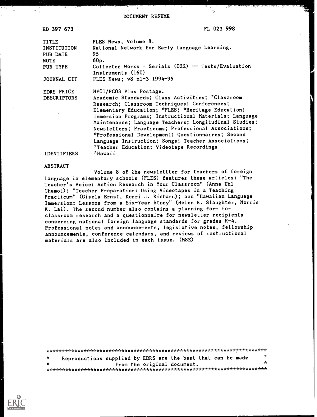 DOCUMENT RESUME ED 397 673 FL 023 998 TITLE FLES News