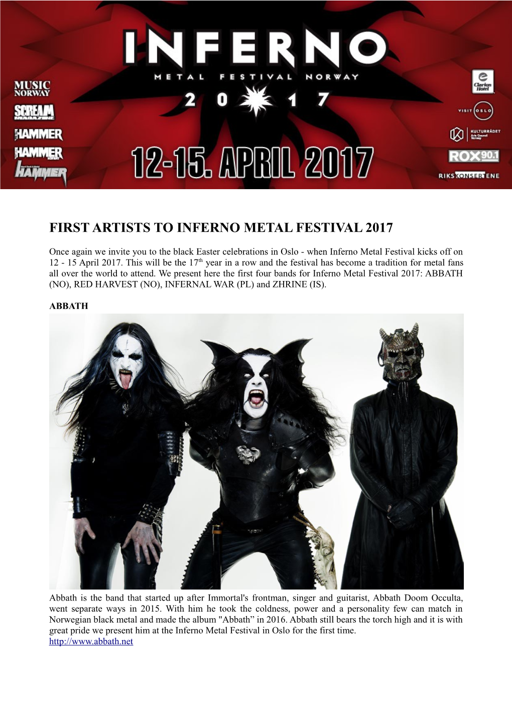 First Artists to Inferno Metal Festival 2017