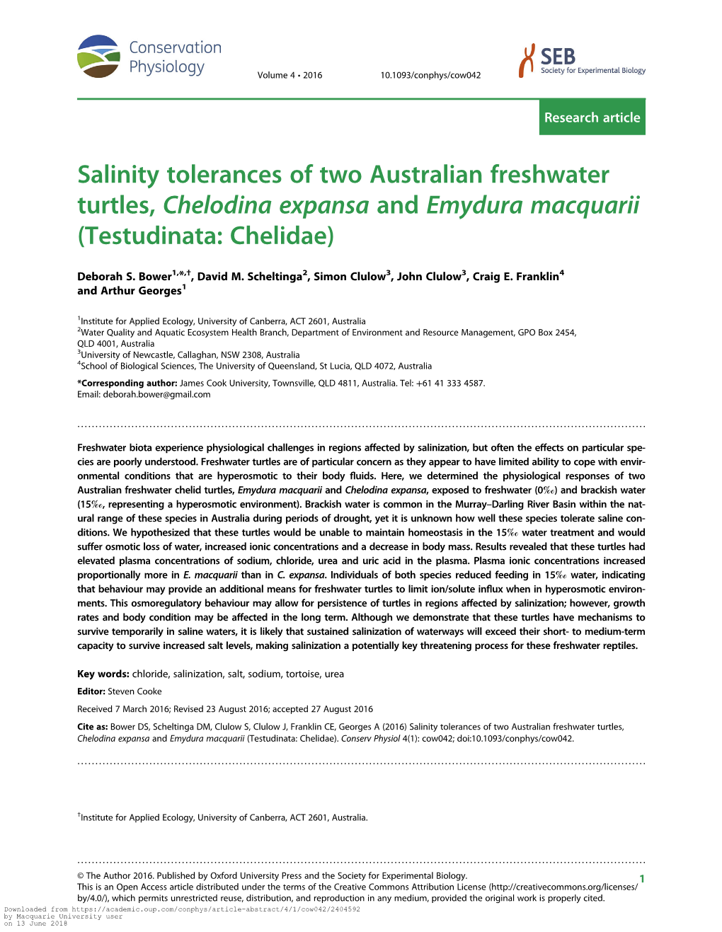 Salinity Tolerances of Two Australian Freshwater Turtles, Chelodina ...