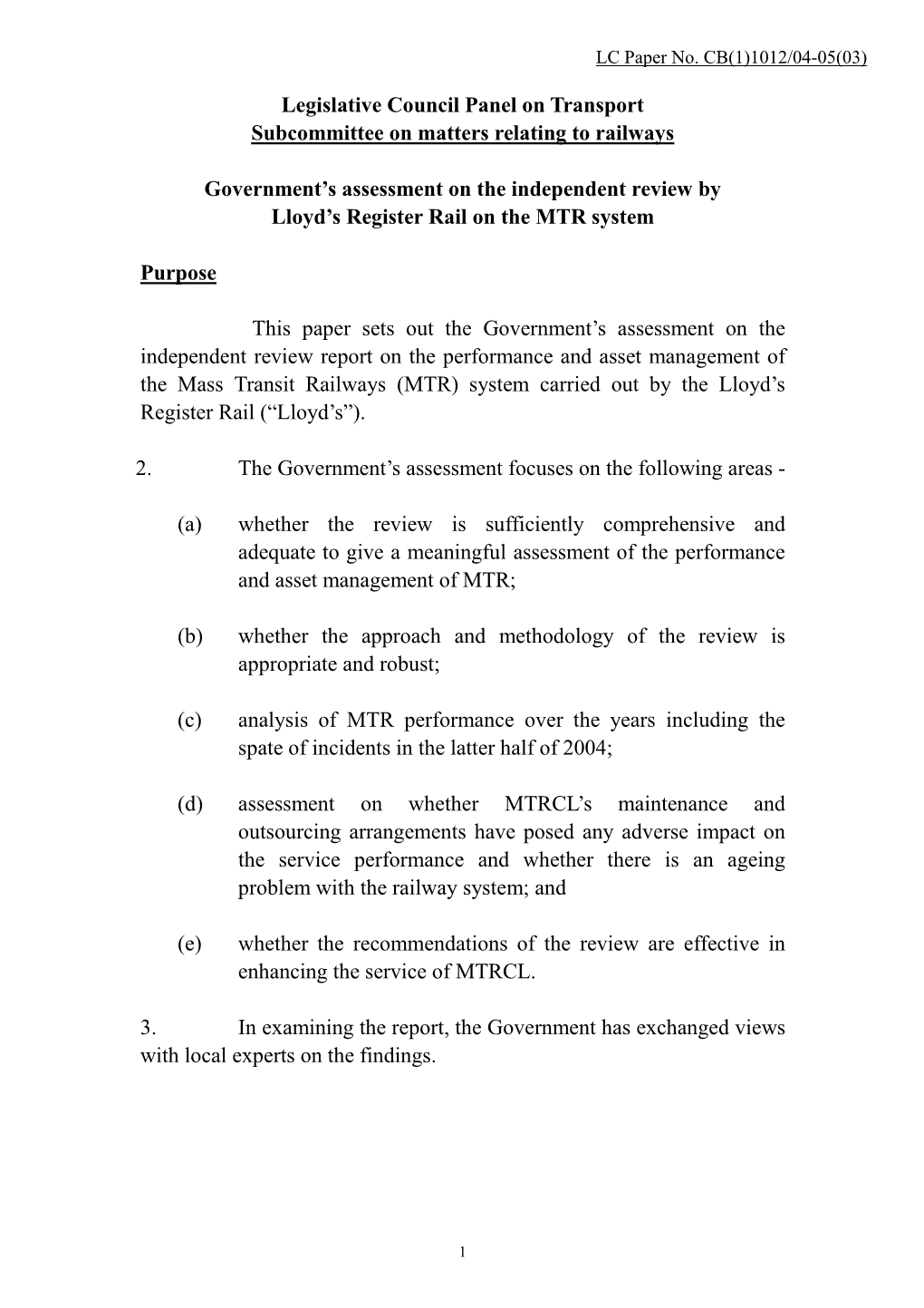 Legislative Council Panel on Transport Subcommittee on Matters Relating to Railways