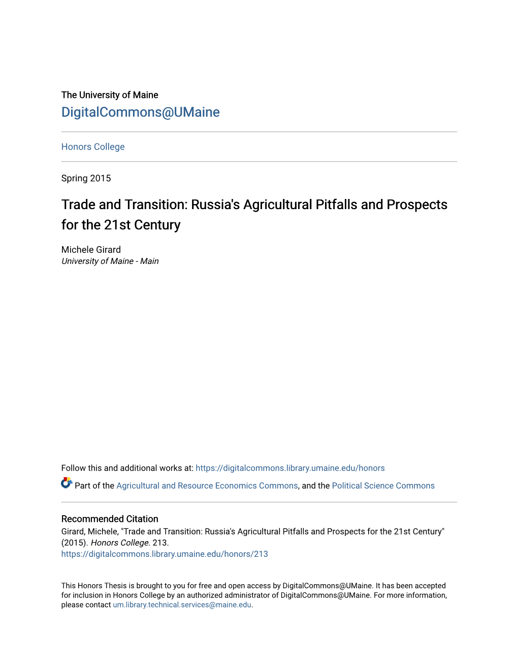 Trade and Transition: Russia's Agricultural Pitfalls and Prospects for the 21St Century