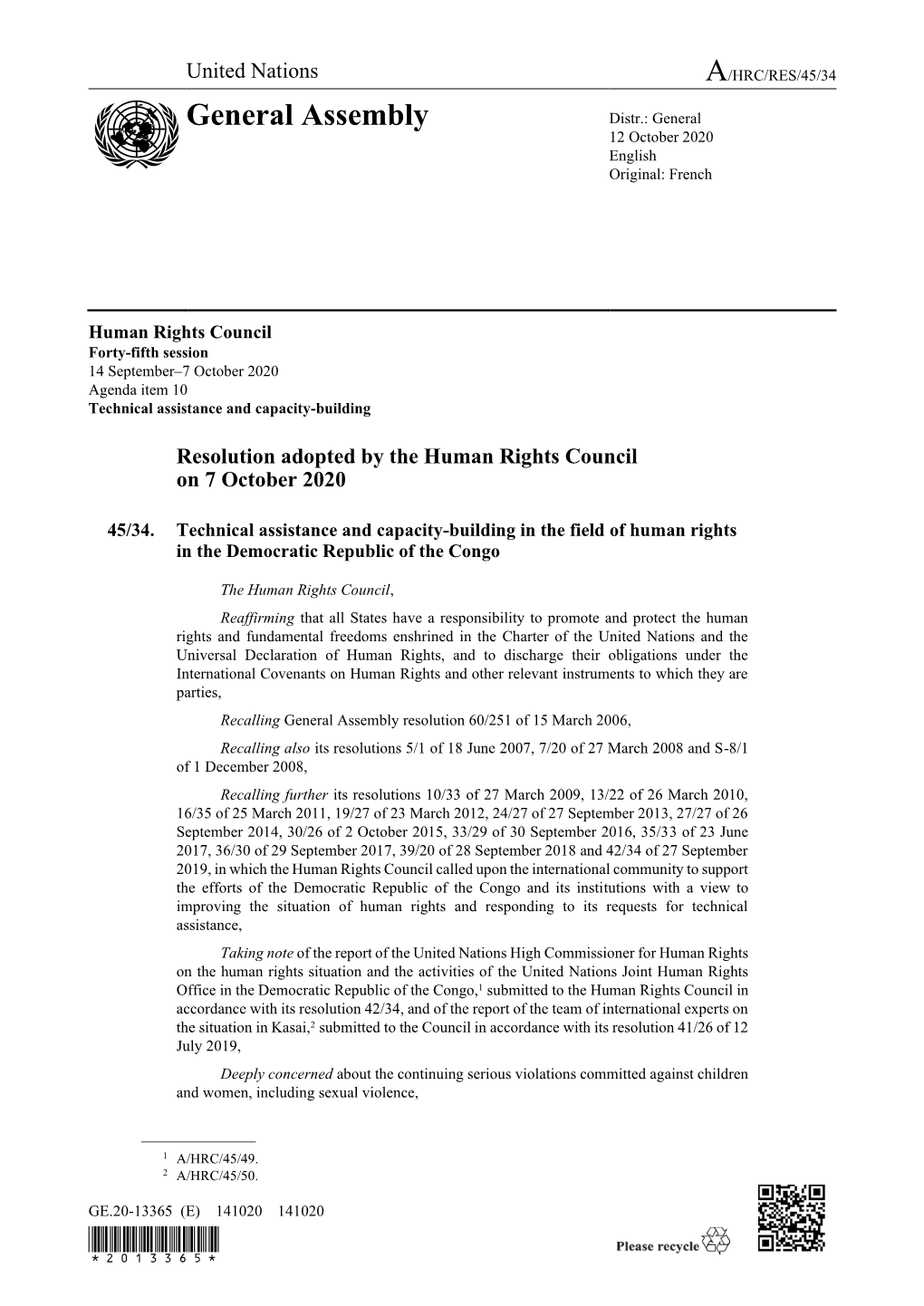 Page 1 GE.20-13365 (E) 141020 141020 Human Rights Council