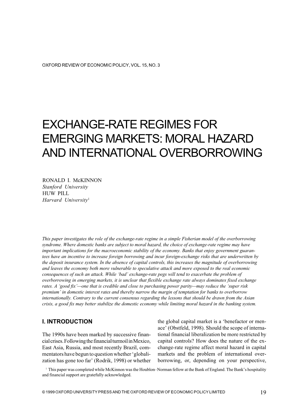 "Exchange-Rate Regimes for Emerging Markets: Moral Hazard