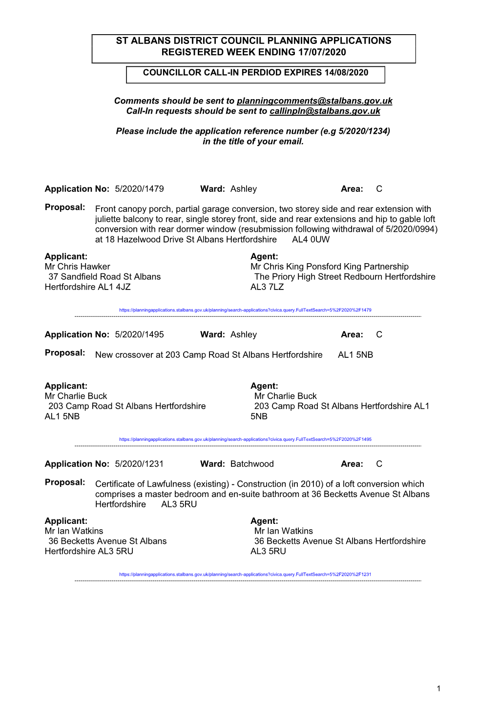 St Albans District Council Planning Applications Registered Week Ending 17/07/2020