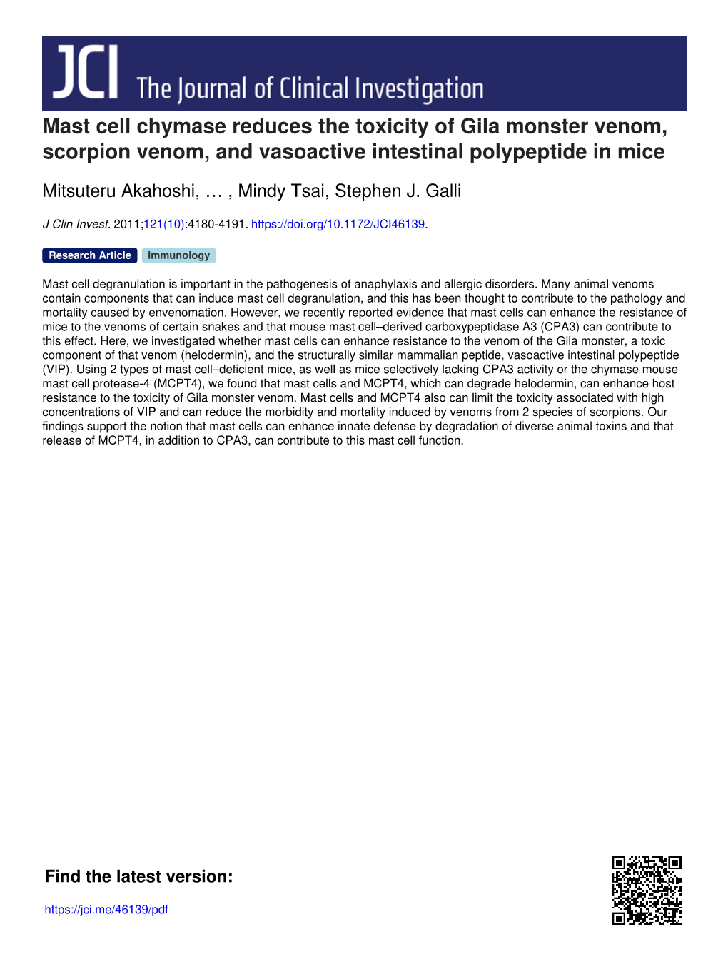 Mast Cell Chymase Reduces the Toxicity of Gila Monster Venom, Scorpion Venom, and Vasoactive Intestinal Polypeptide in Mice