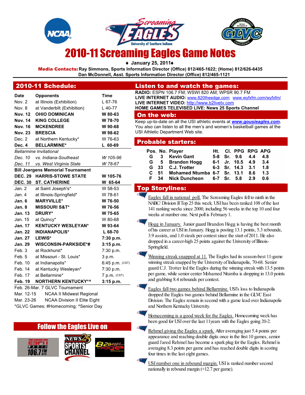 Game Notes ♦ January 25, 2011♦ Media Contacts: Ray Simmons, Sports Information Director (Office) 812/465-1622; (Home) 812/626-6435 Dan Mcdonnell, Asst