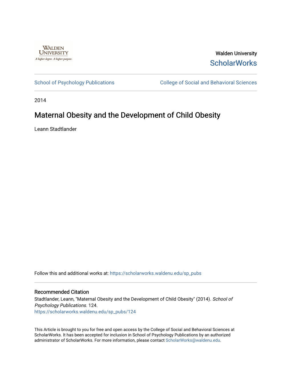 Maternal Obesity and the Development of Child Obesity