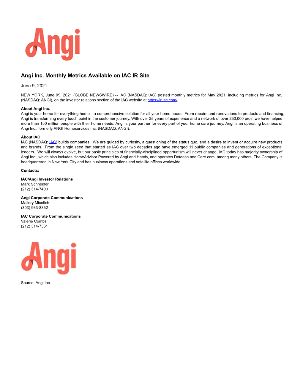 Angi Inc. Monthly Metrics Available on IAC IR Site