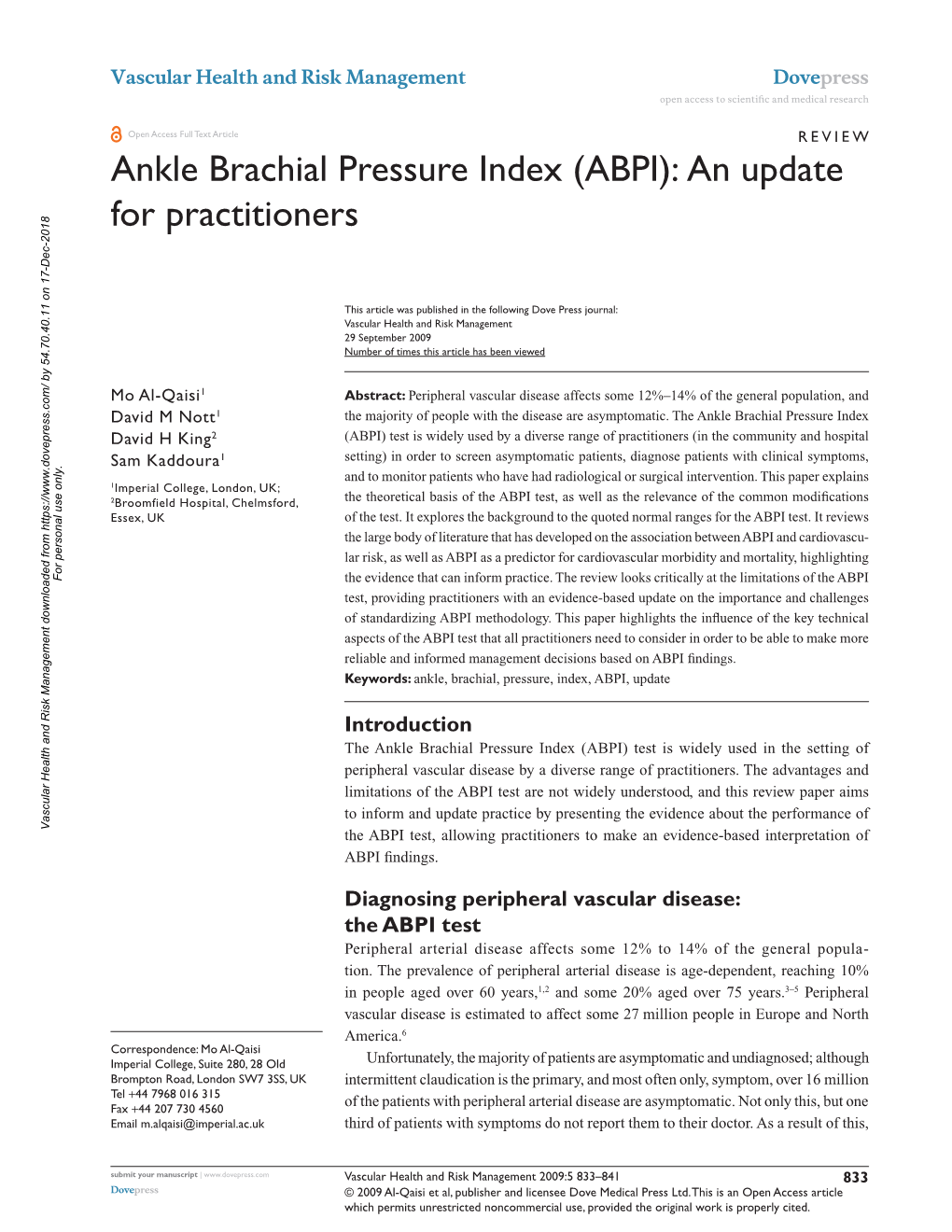 Ankle Brachial Pressure Index (ABPI): an Update for Practitioners