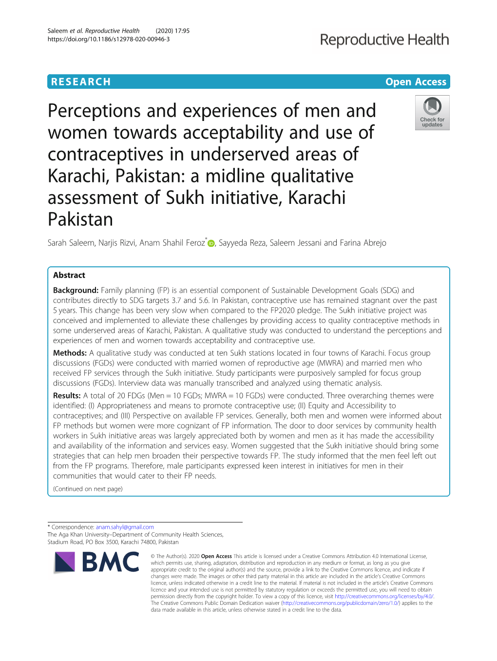 Perceptions and Experiences of Men and Women Towards Acceptability and Use of Contraceptives in Underserved Areas of Karachi, Pa