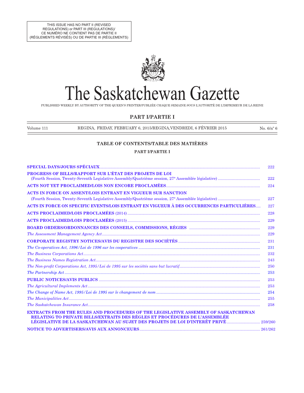 THE SASKATCHEWAN GAZETTE, February 6, 2015