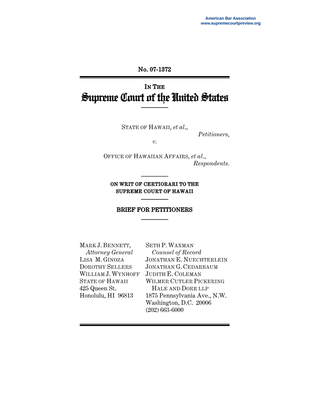 Brief of Petitioner for State of Hawaii V. Office of Hawaiian Affiars, 07-1372