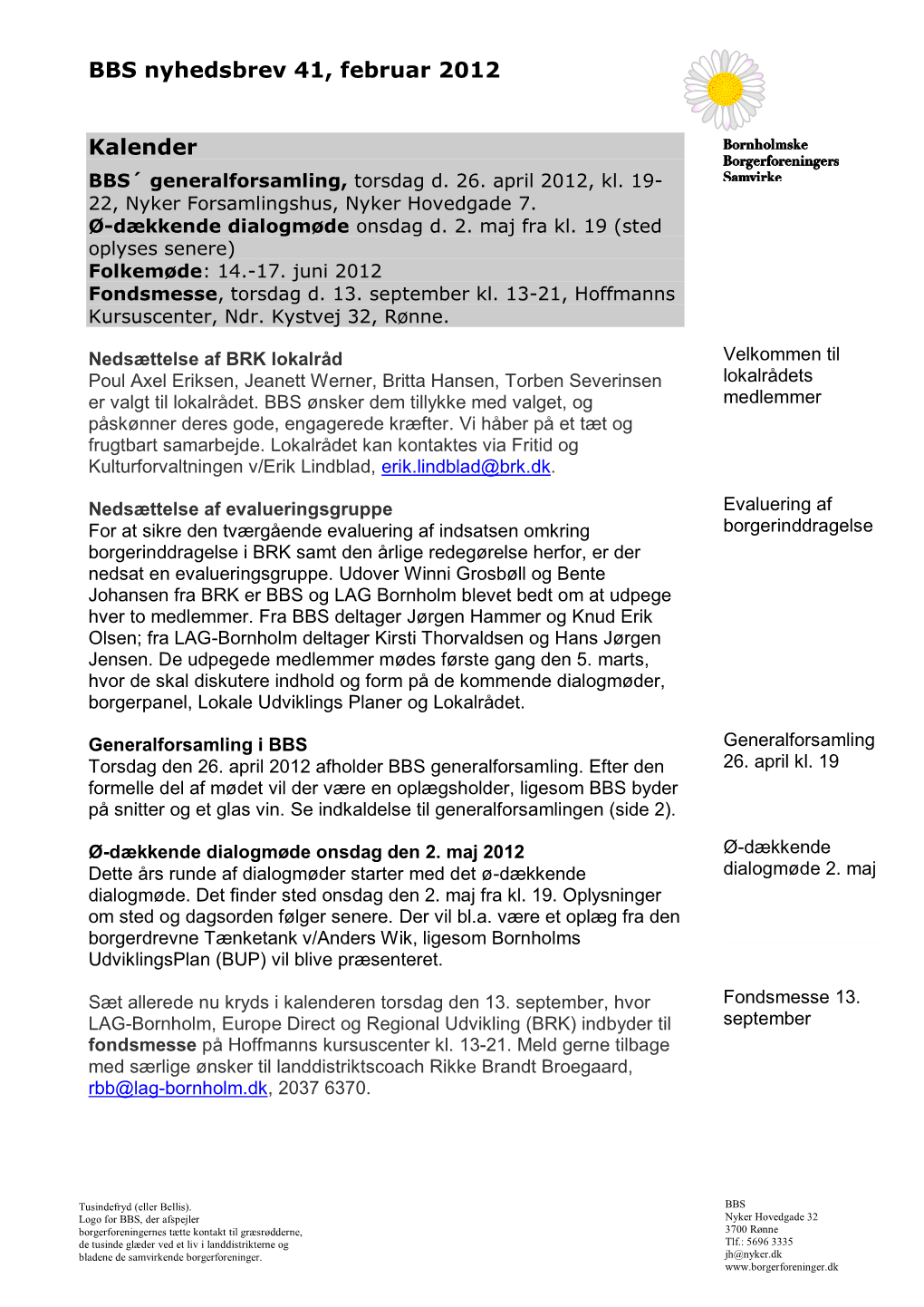 BBS Nyhedsbrev 41, Februar 2012 Kalender