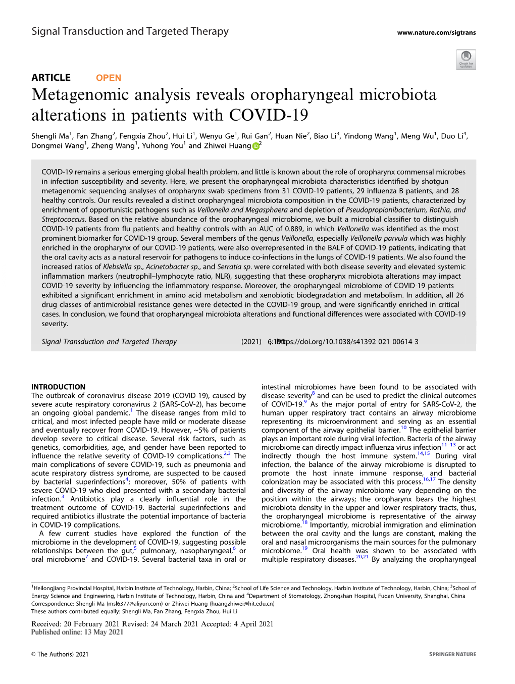 Metagenomic Analysis Reveals Oropharyngeal Microbiota Alterations in Patients with COVID-19