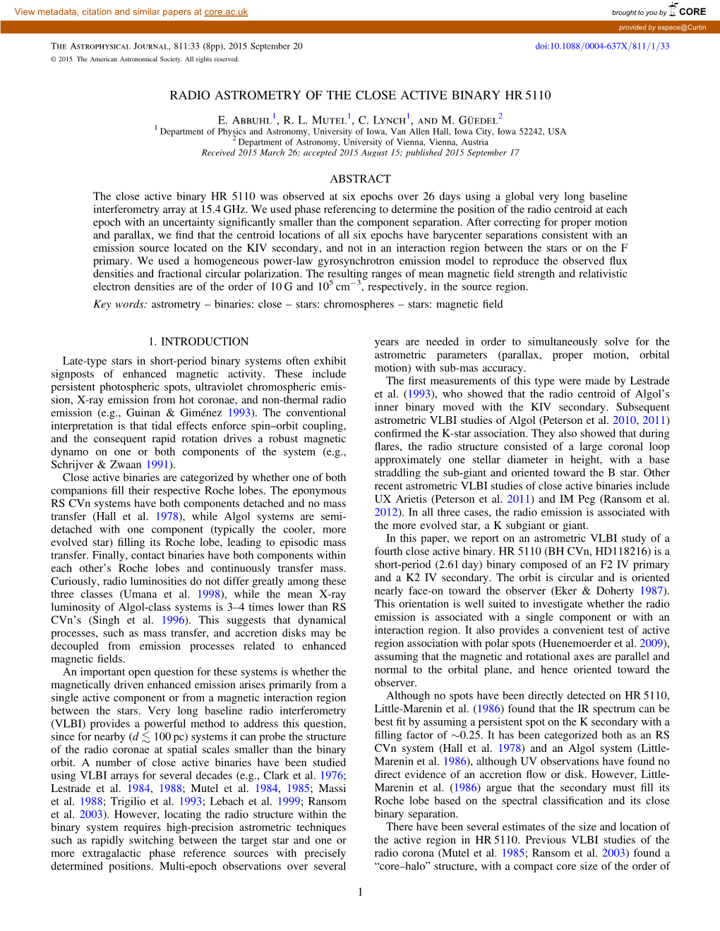 Radio Astrometry of the Close Active Binary Hr 5110 E