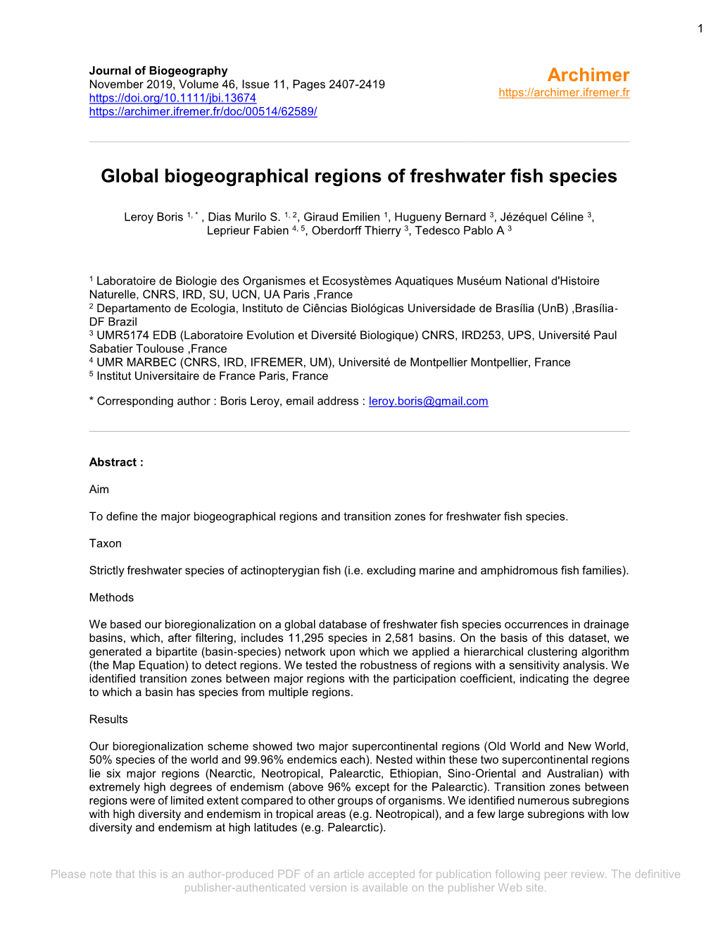 Global Biogeographical Regions of Freshwater Fish Species