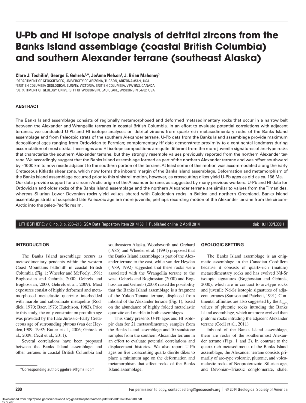 U-Pb and Hf Isotope Analysis of Detrital Zircons from the Banks Island Assemblage (Coastal British Columbia) and Southern Alexander Terrane (Southeast Alaska)