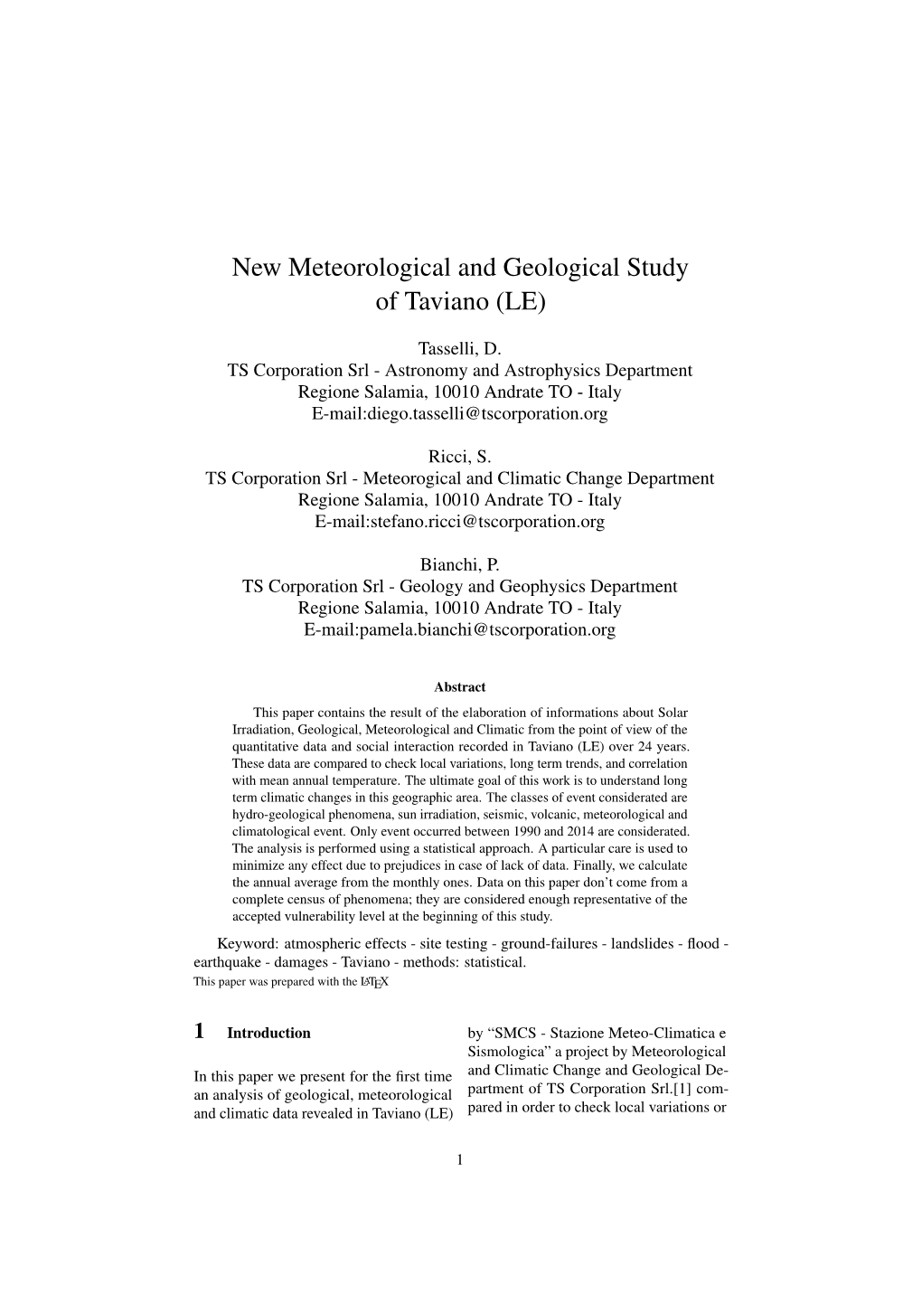 New Meteorological and Geological Study of Taviano (LE)