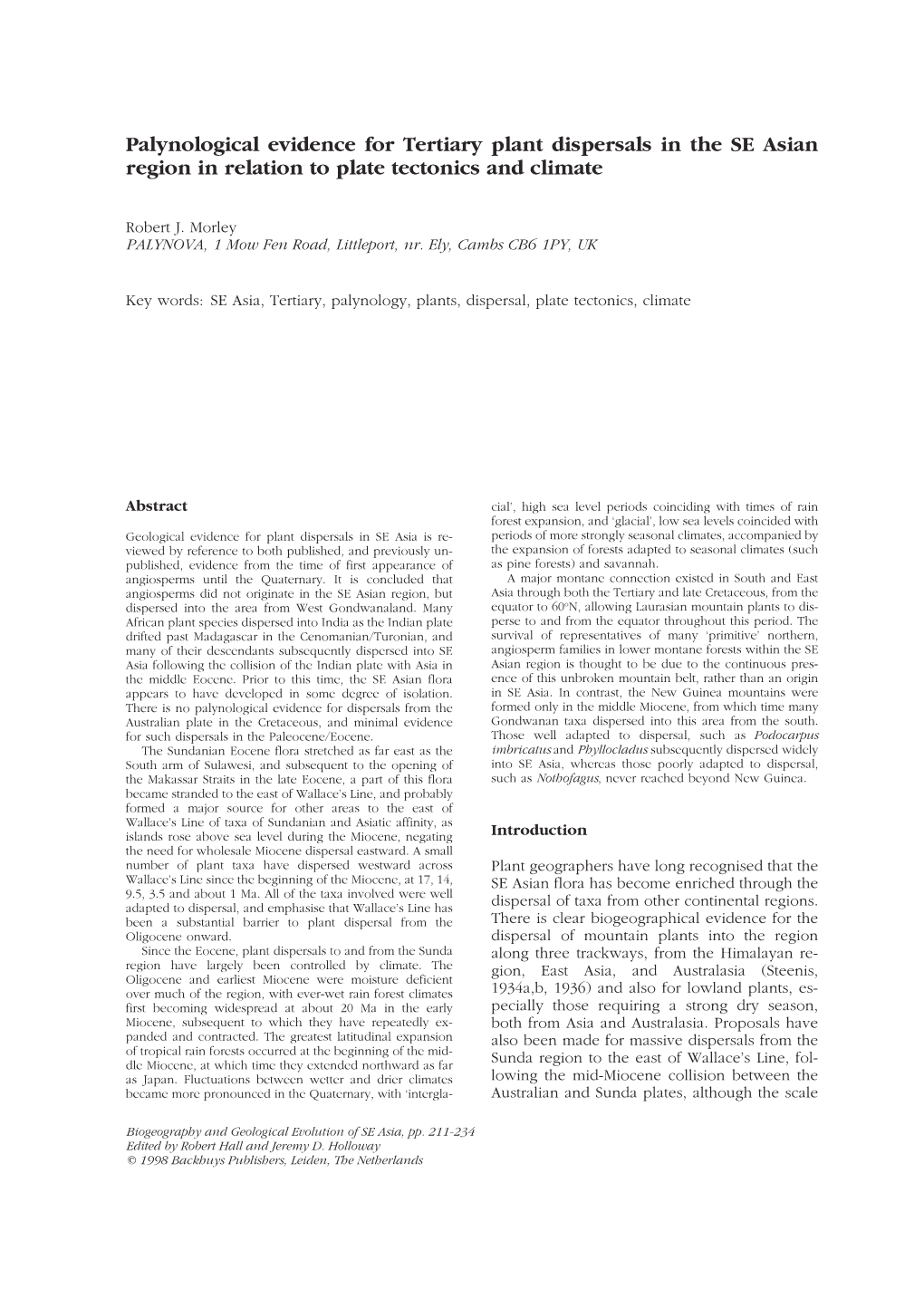 Palynological Evidence for Tertiary Plant Dispersals in the SE Asian Region in Relation to Plate Tectonics and Climate