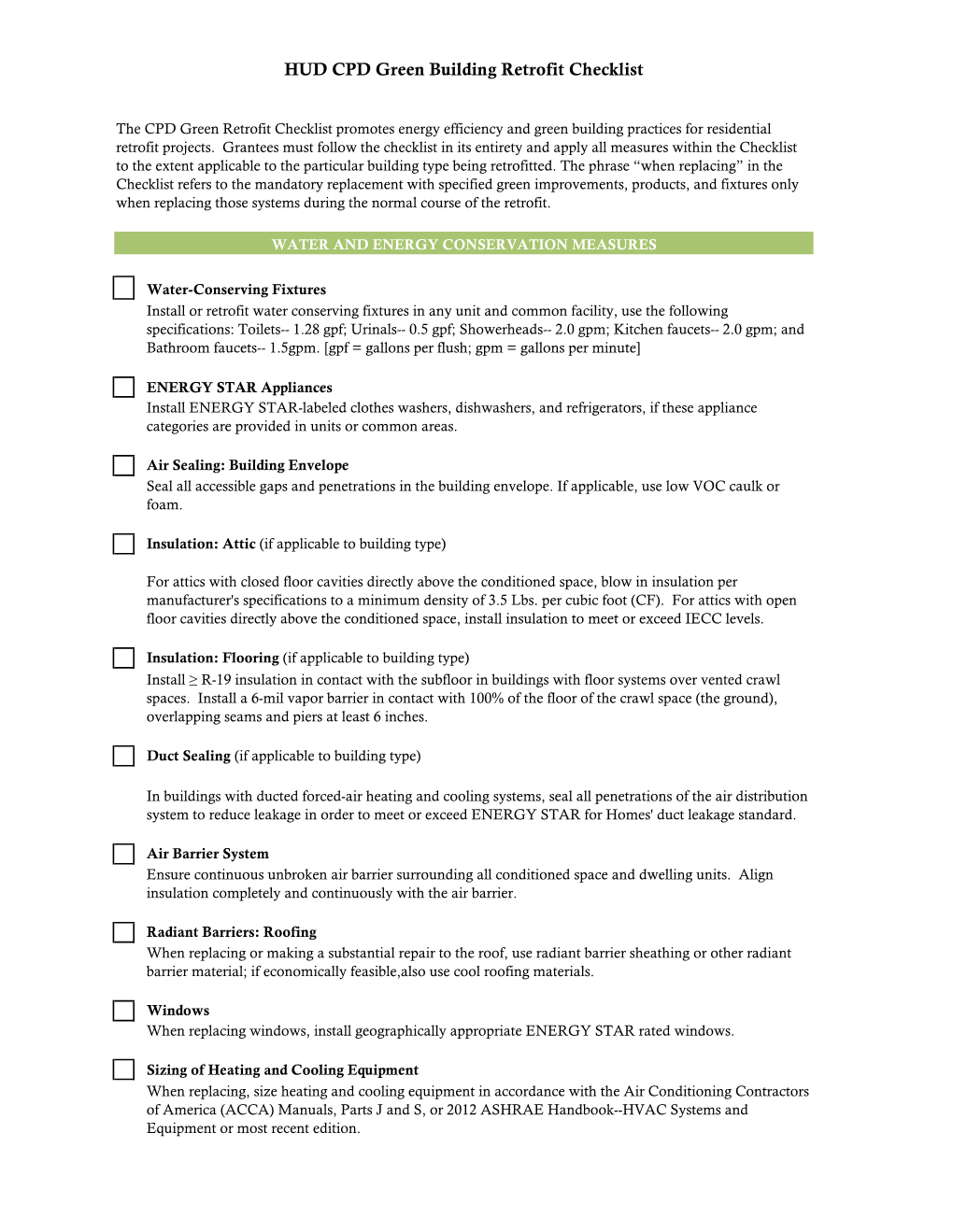 HUD CPD Green Building Retrofit Checklist