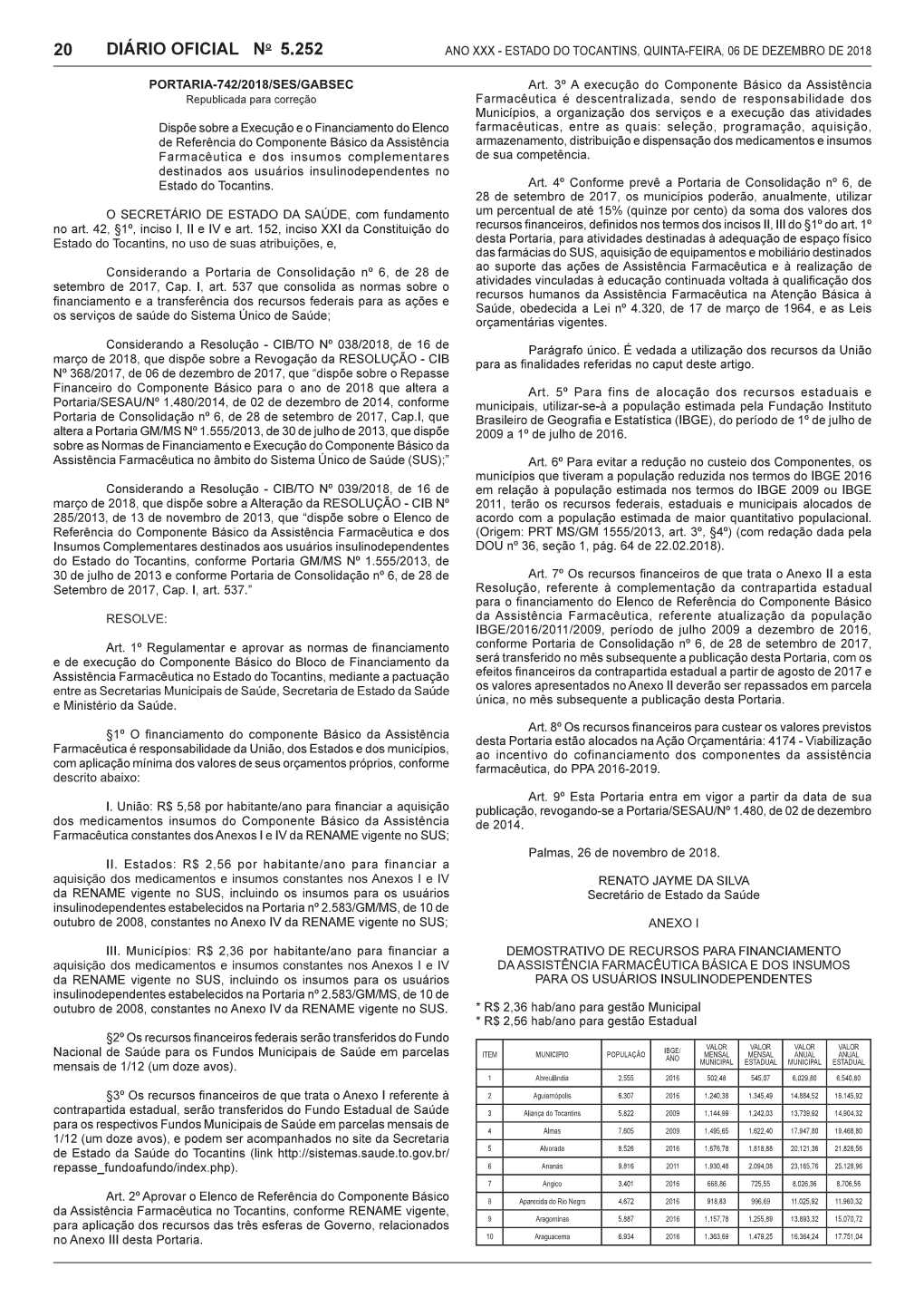 PORTARIA-742/2018/SES/GABSEC Estado Do Tocantins, No Uso De