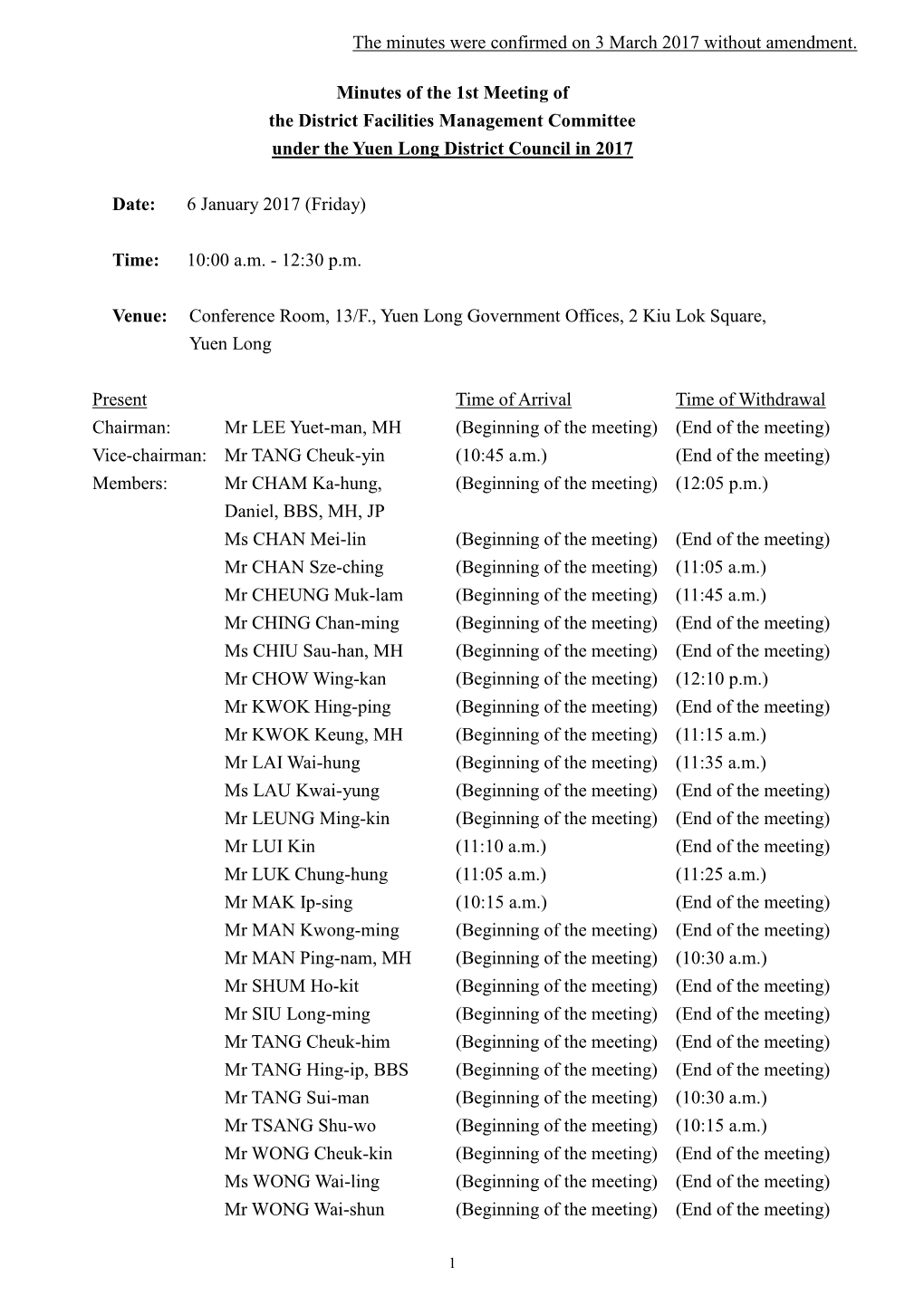 Minutes of the 1St Meeting of the District Facilities Management Committee Under the Yuen Long District Council in 2017