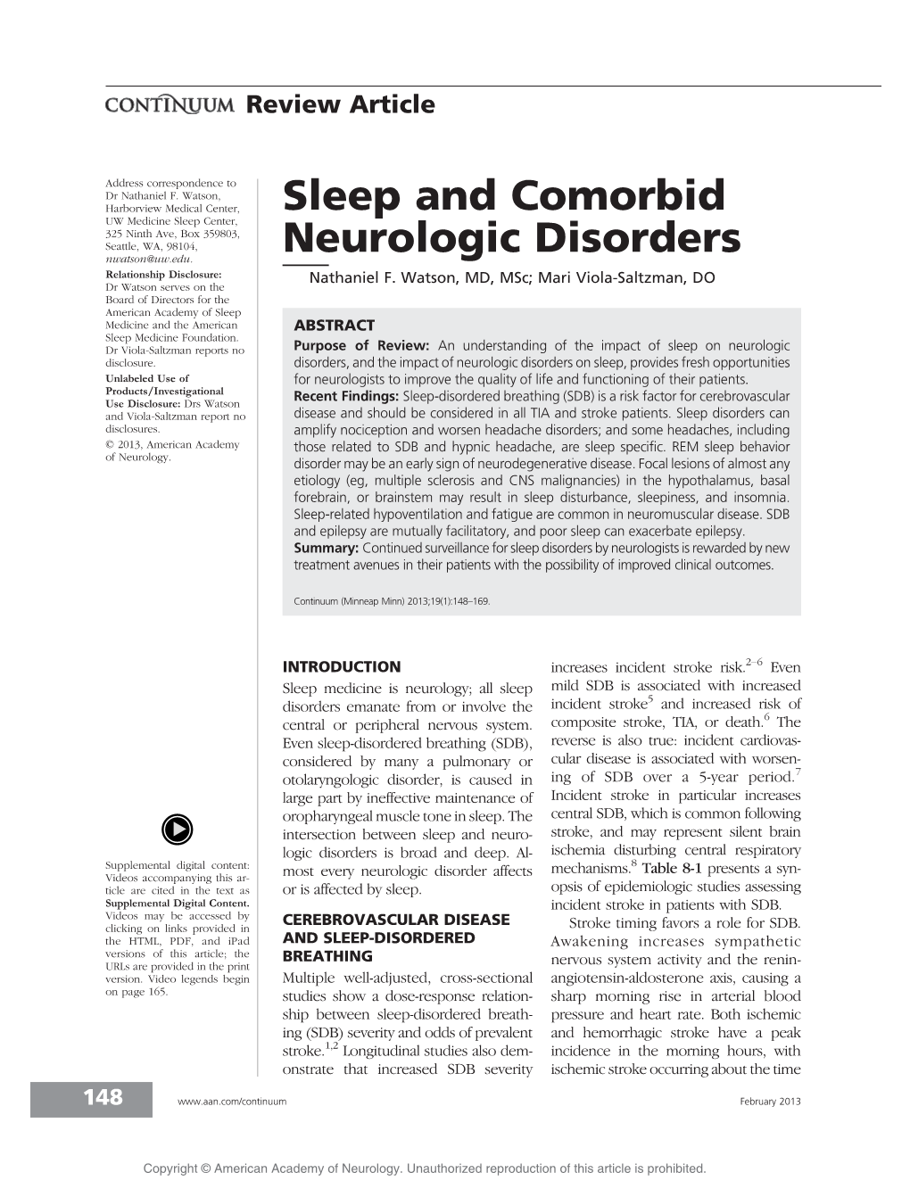 Sleep and Comorbid Neurologic Disorders