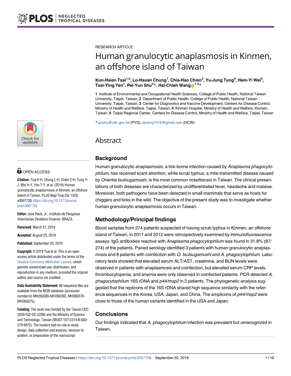 Human Granulocytic Anaplasmosis in Kinmen, an Offshore Island of Taiwan