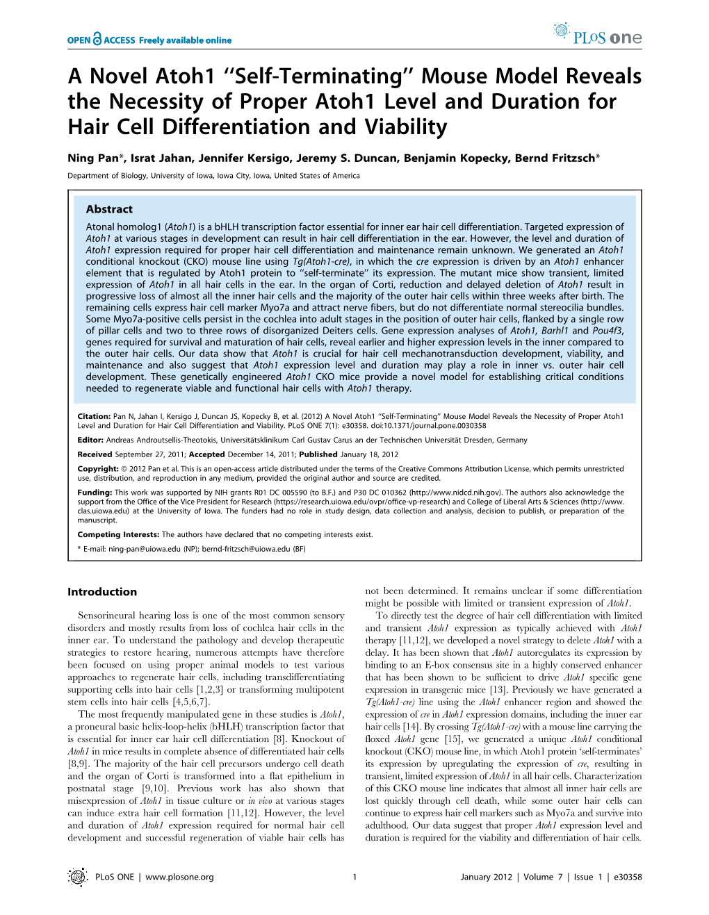 Mouse Model Reveals the Necessity of Proper Atoh1 Level and Duration for Hair Cell Differentiation and Viability