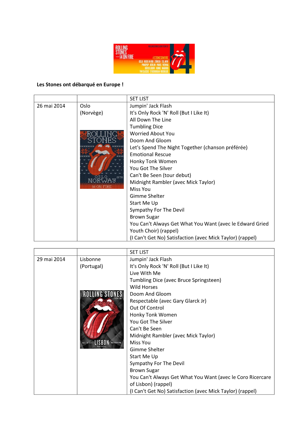 Les Stones Ont Débarqué En Europe ! SET LIST 26