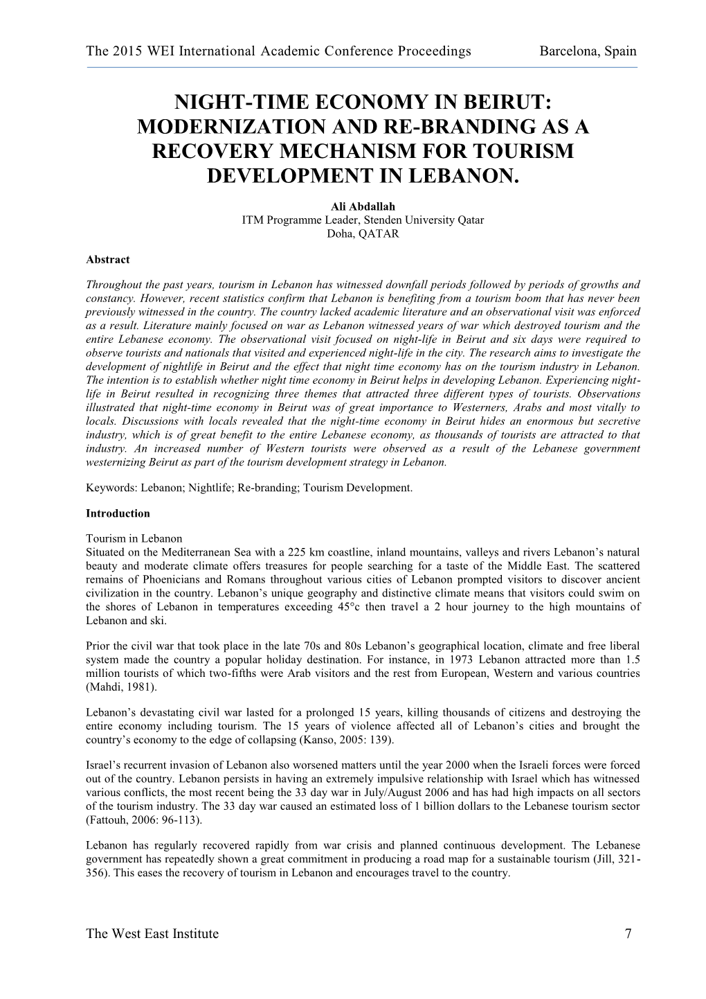 Night-Time Economy in Beirut: Modernization and Re-Branding As a Recovery Mechanism for Tourism Development in Lebanon