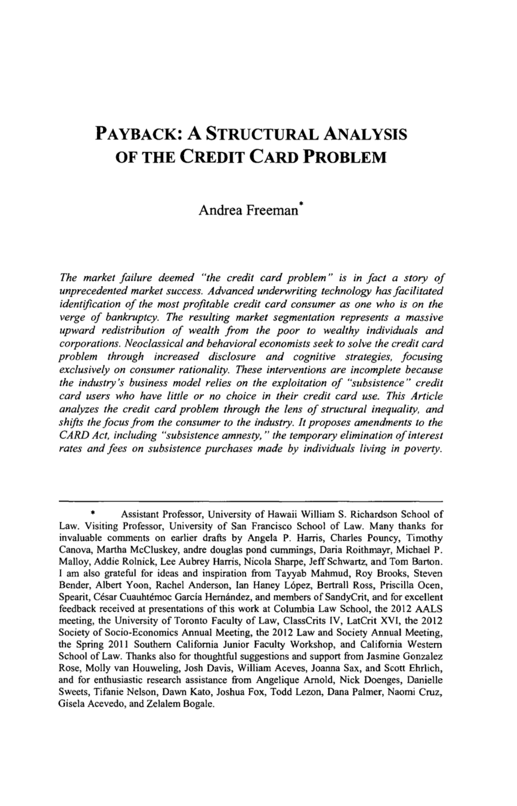 Payback: a Structural Analysis of the Credit Card Problem