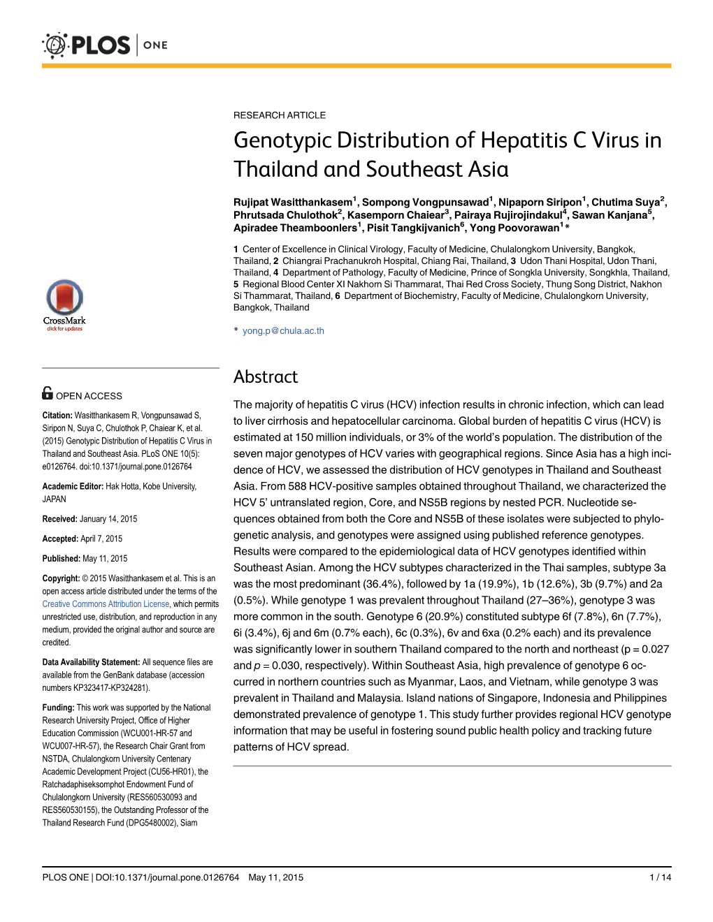 Genotypic Distribution of Hepatitis C Virus in Thailand and Southeast Asia