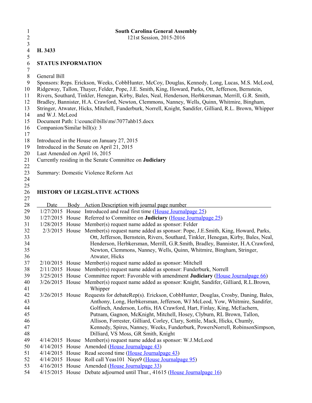 2015-2016 Bill 3433: Domestic Violence Reform Act - South Carolina Legislature Online