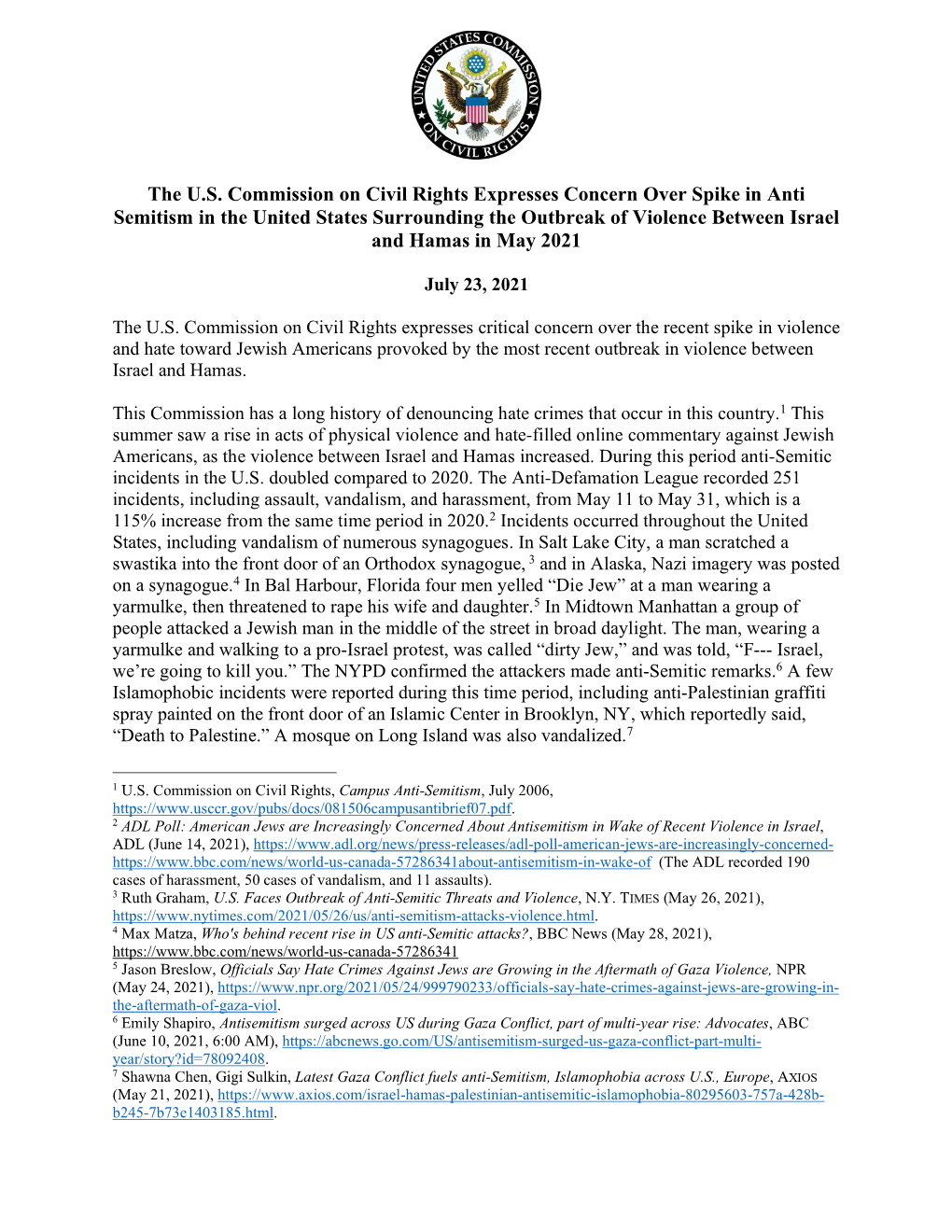 The U.S. Commission on Civil Rights Expresses Concern Over Spike in Anti Semitism in the United States Surrounding the Outbreak