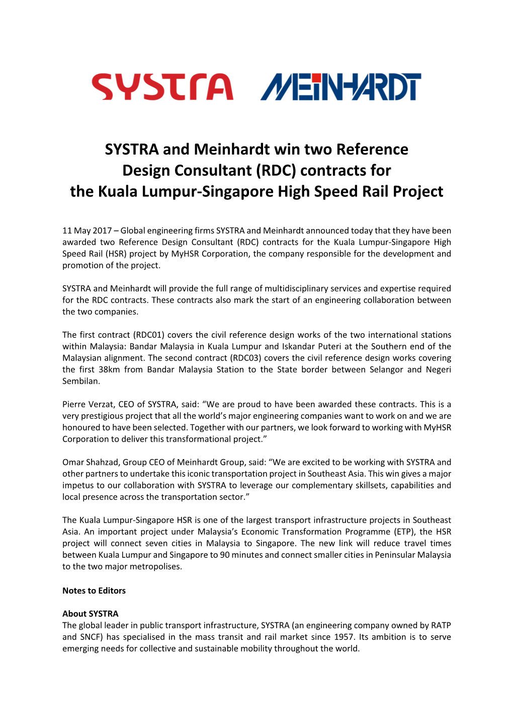 SYSTRA and Meinhardt Win Two Reference Design Consultant (RDC) Contracts for the Kuala Lumpur-Singapore High Speed Rail Project