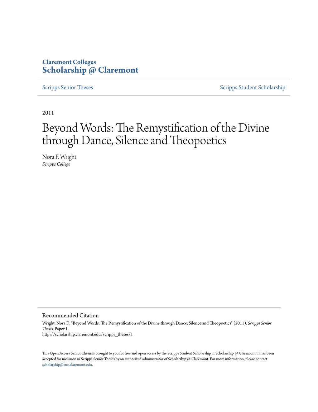 The Remystification of the Divine Through Dance, Silence and Theopoetics Nora F