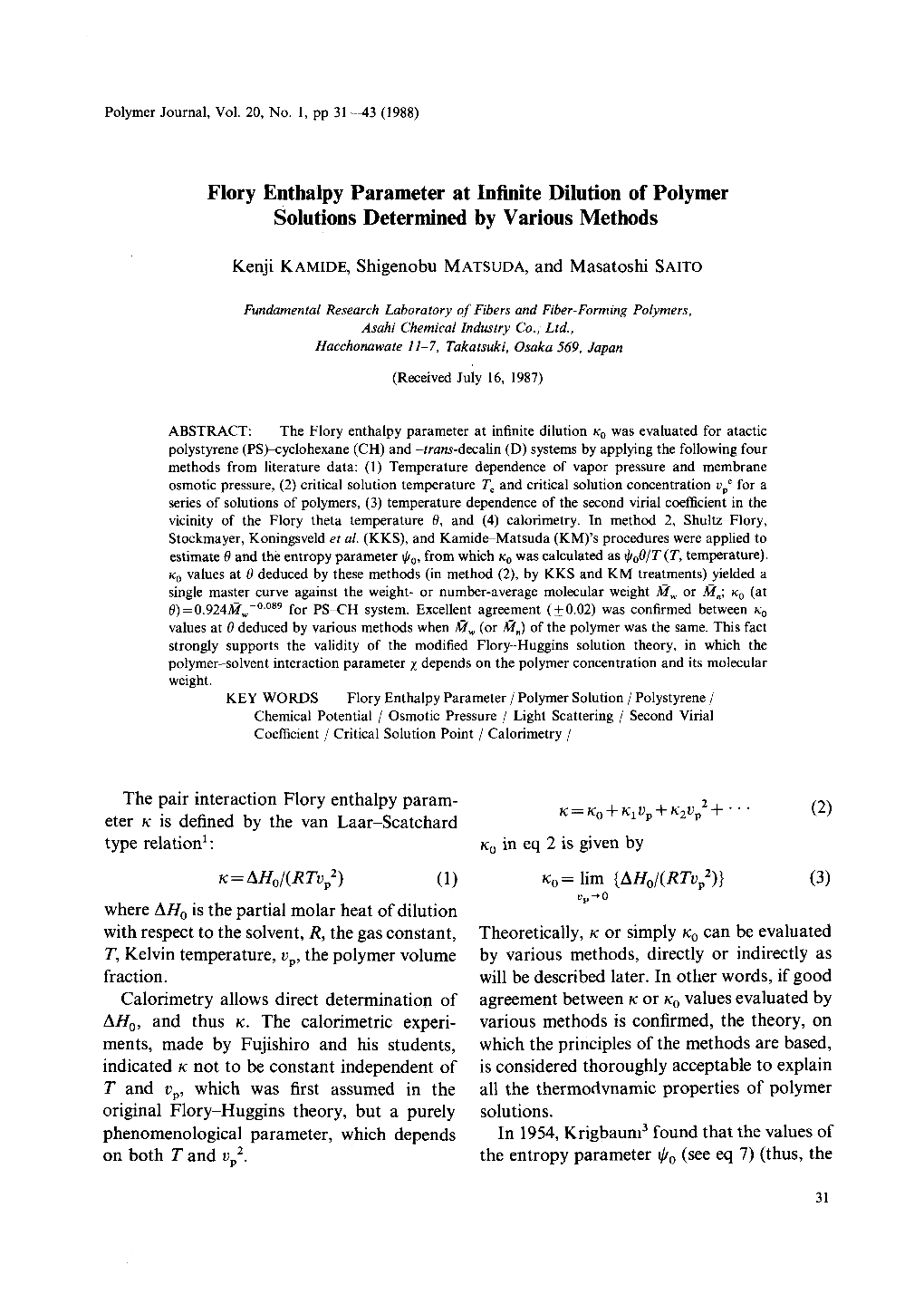 Flory Enthalpy Parameter at Infinite Dilution of Polymer Solutions Determined by Various Methods