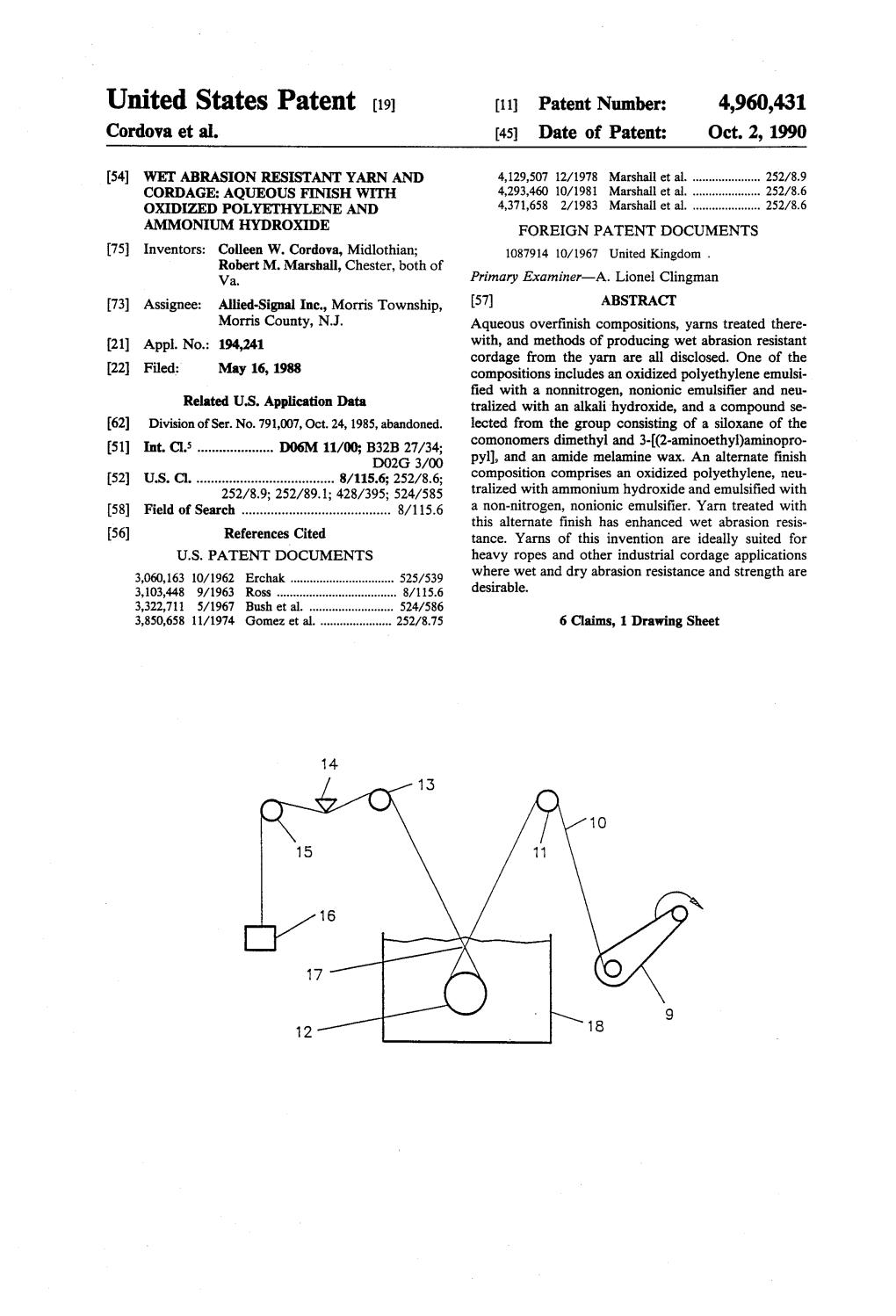 United States Patent 19 11 Patent Number: 4,960,431 Cordova Et Al