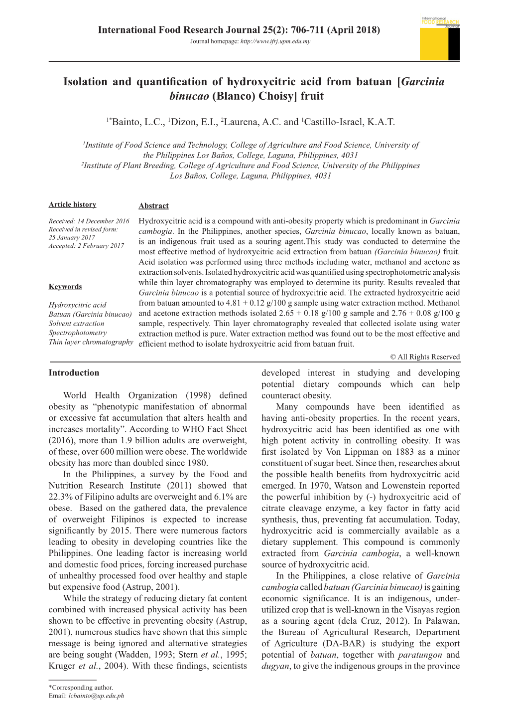 Isolation and Quantification of Hydroxycitric Acid from Batuan [Garcinia Binucao (Blanco) Choisy] Fruit