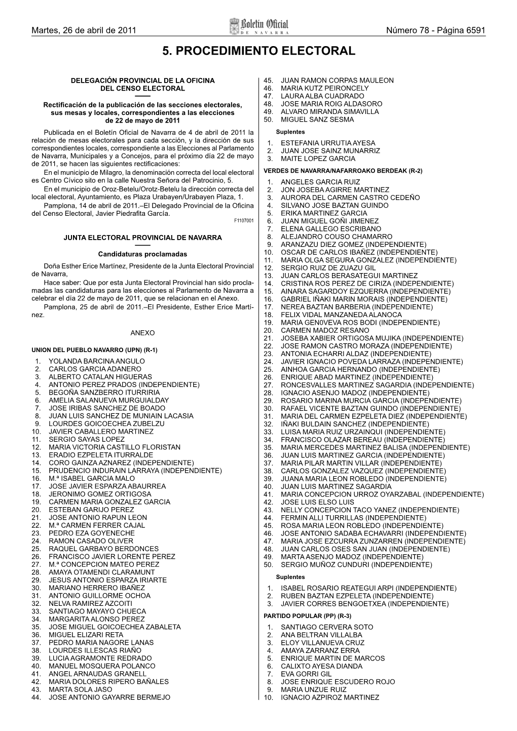 Navarra De 4 De Abril De 2011 La Suplentes Relación De Mesas Electorales Para Cada Sección, Y La Dirección De Sus 1