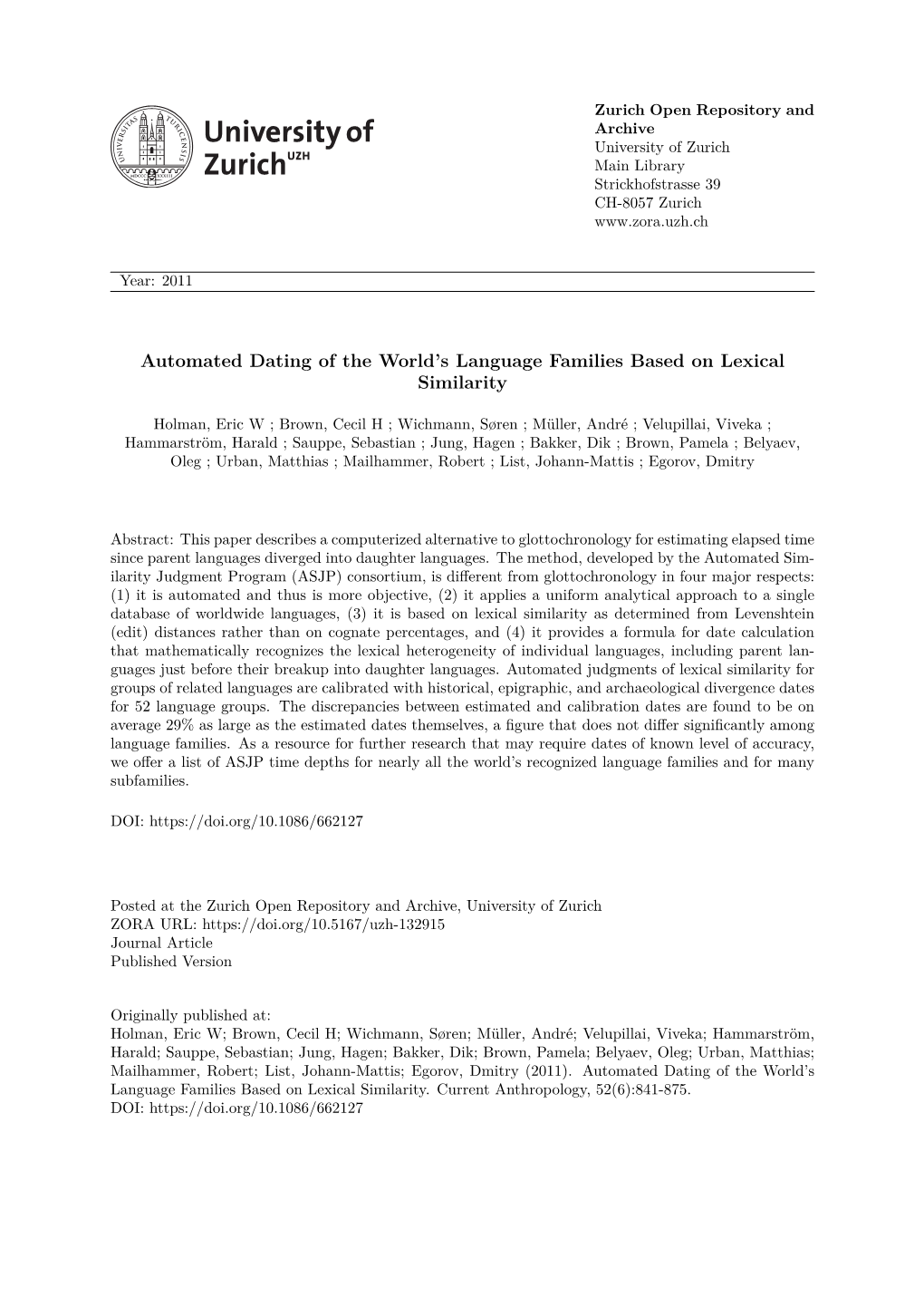 Automated Dating of the Worlds Language Families Based On