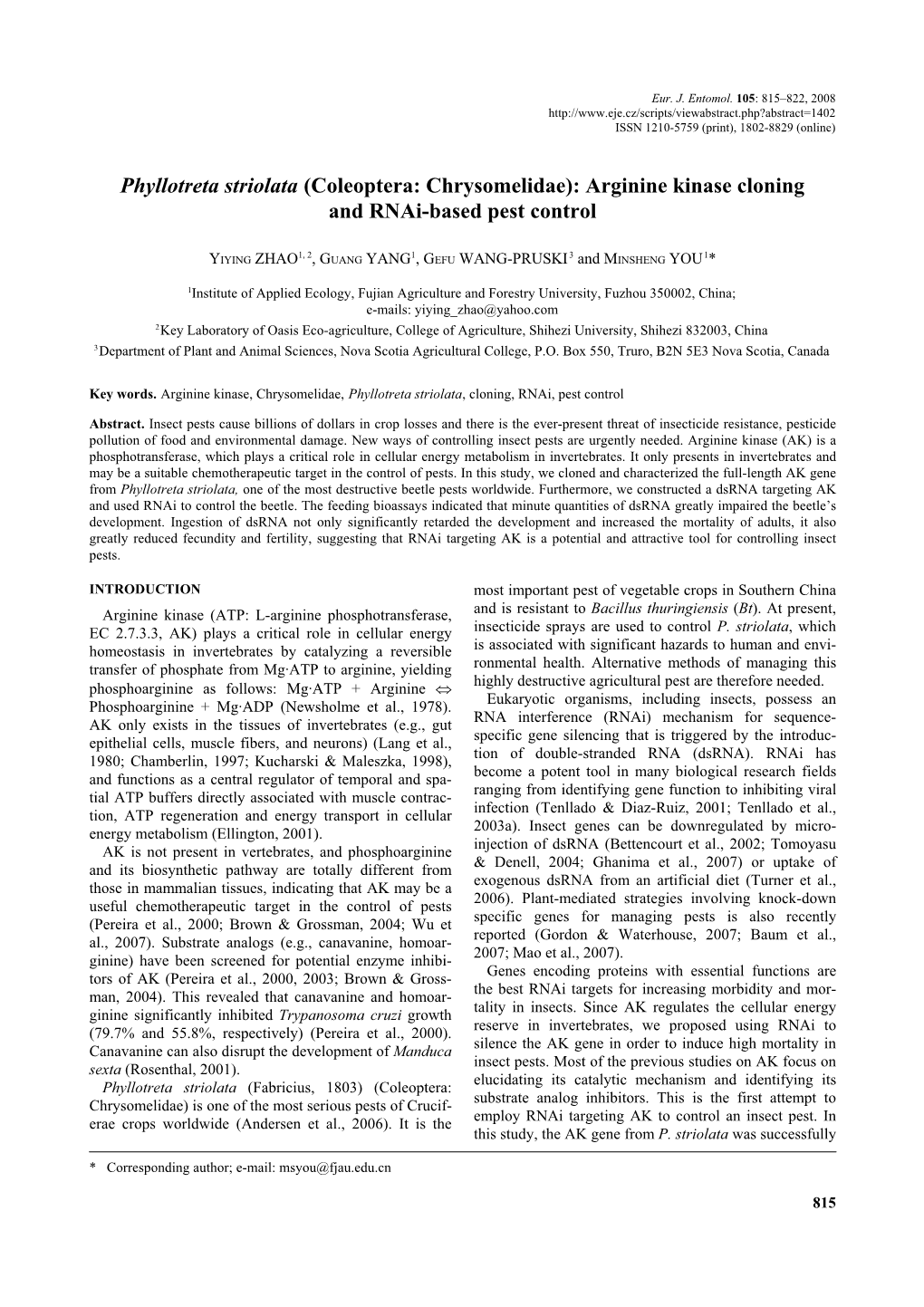 Phyllotreta Striolata (Coleoptera: Chrysomelidae): Arginine Kinase Cloning and Rnai-Based Pest Control