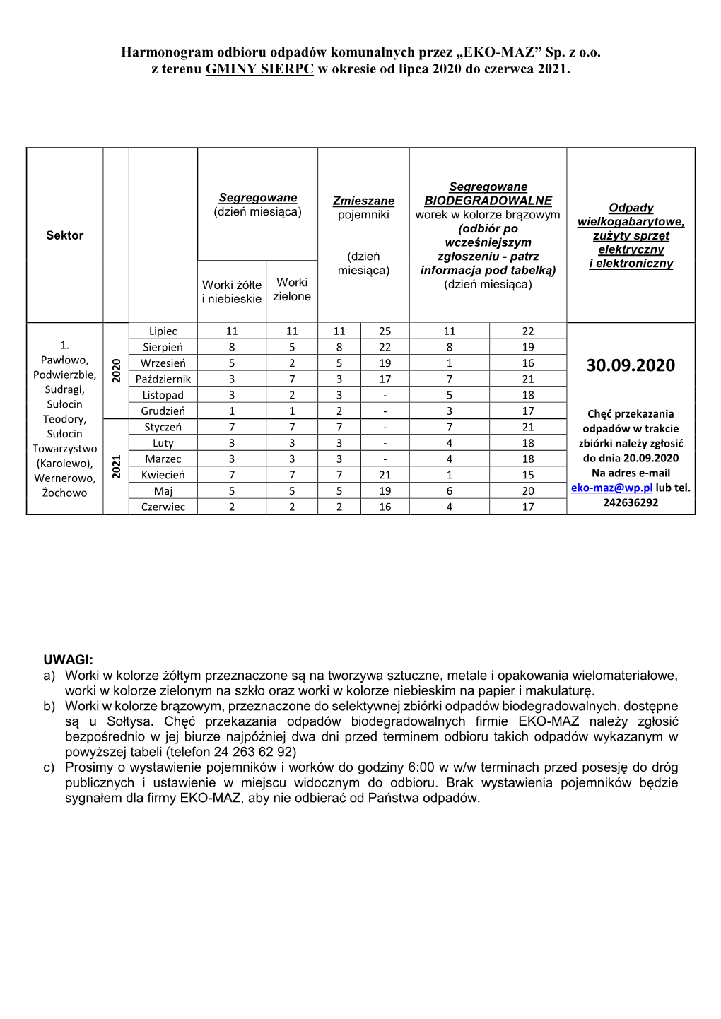 Harmonogram Odbioru Odpadów Komunalnych Przez „EKO-MAZ” Sp