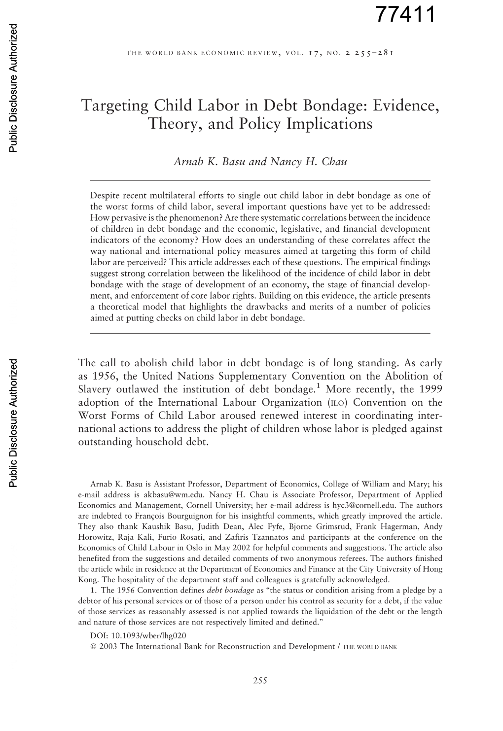 Targeting Child Labor in Debt Bondage: Evidence, Theory, and Policy Implications Public Disclosure Authorized Arnab K
