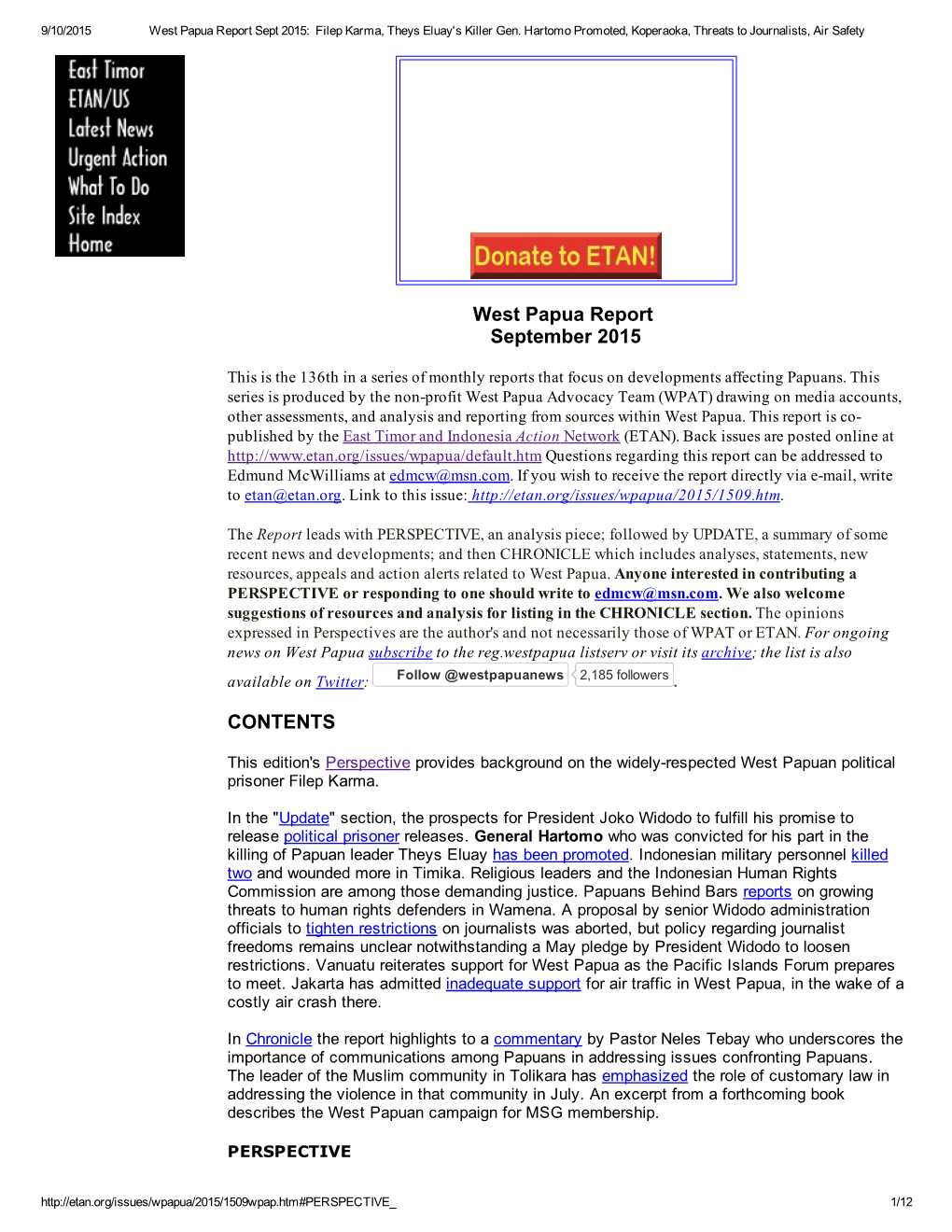 West Papua Report September 2015 CONTENTS